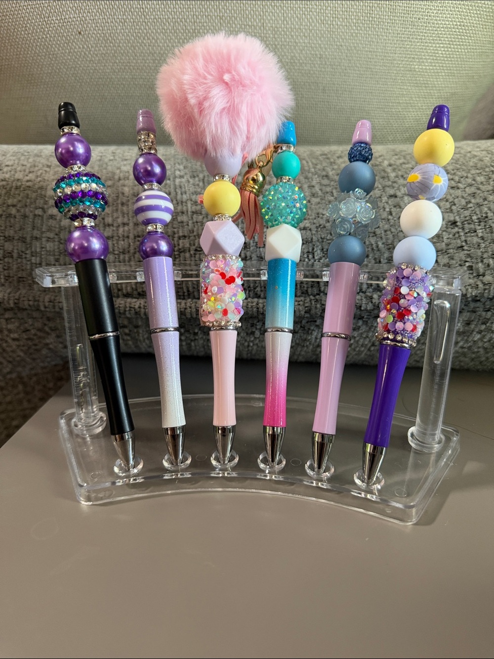 NWOT Cute Purple and Pink Pom Pom Beaded Pen Set of 6